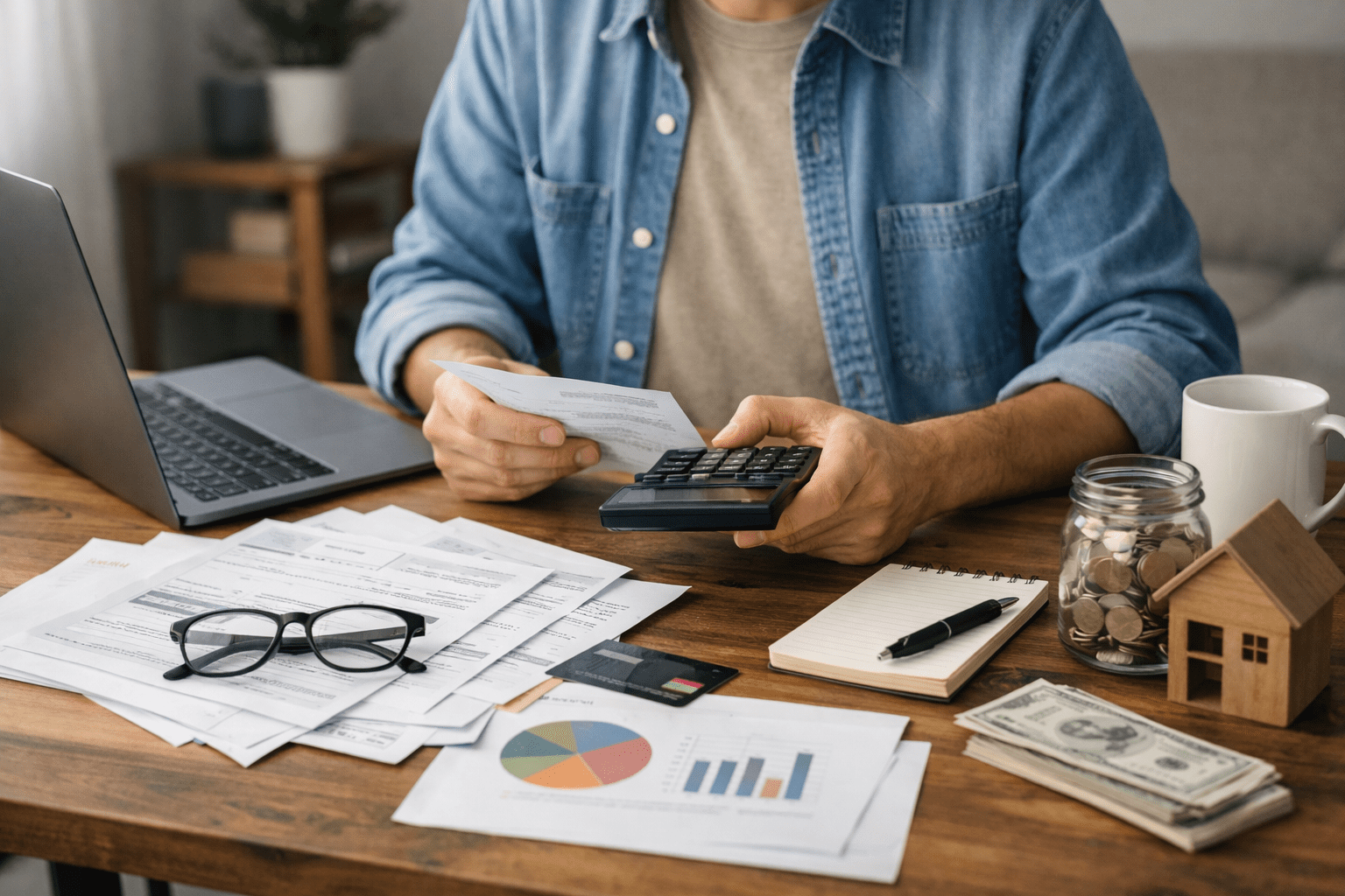 Person reviewing bills and managing finances using a calculator