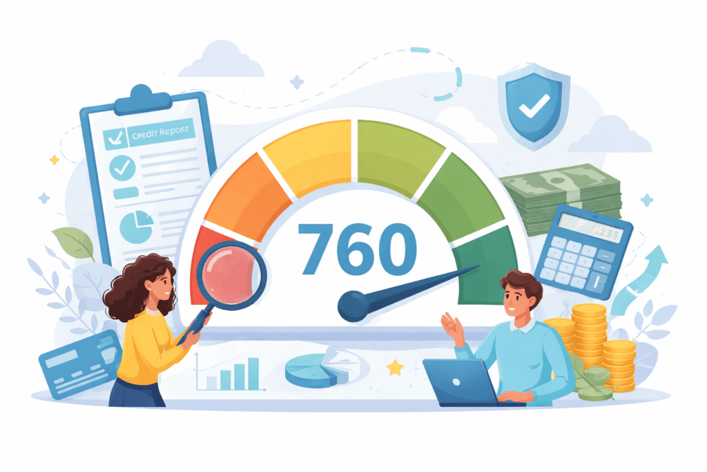 Illustration of a credit score gauge with numerical rating and financial symbols