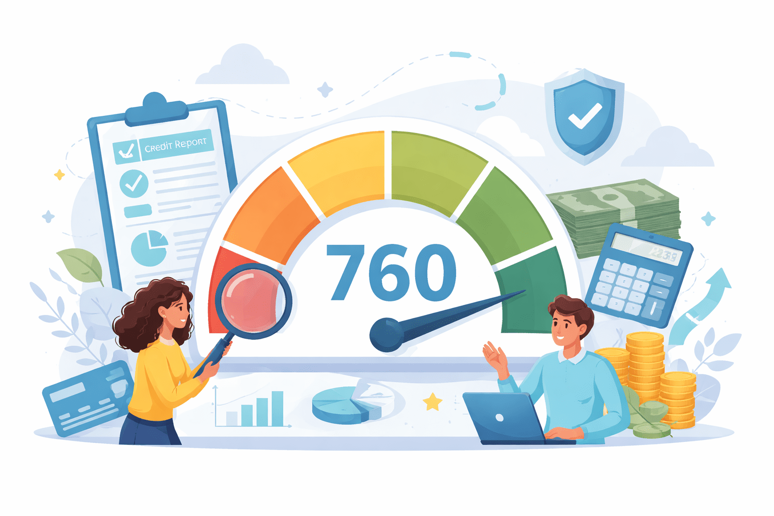 Illustration explaining how credit scores work and what factors influence them