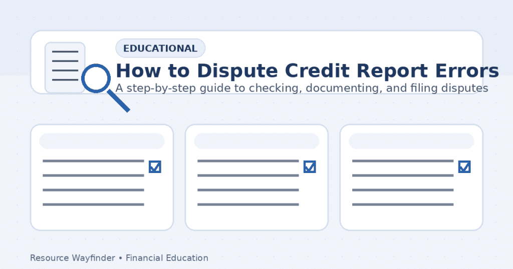 Illustration of a credit report with a magnifying glass and checklist for disputing errors
