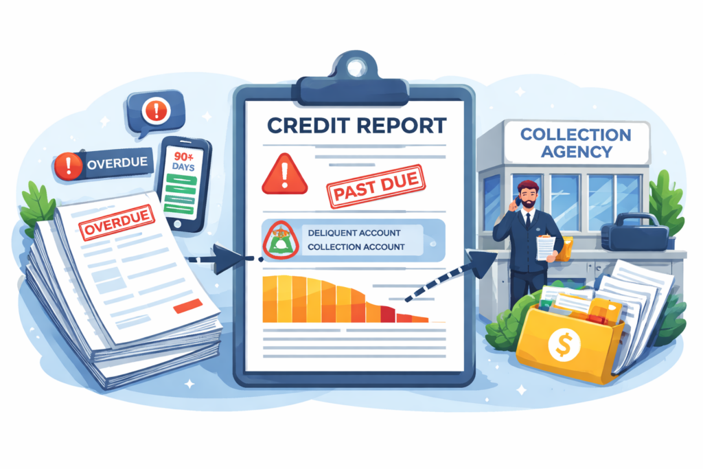 Illustration explaining how debts move to collections and appear on credit reports